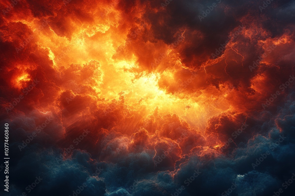 Dramatic, fiery sky with dark clouds and a bright, glowing center. Dramatic, fiery sky with dark clouds and a bright, glowing center.