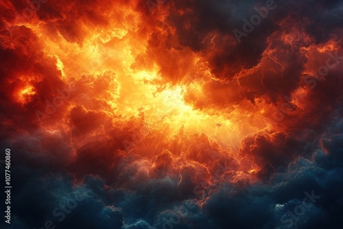 Dramatic, fiery sky with dark clouds and a bright, glowing center.