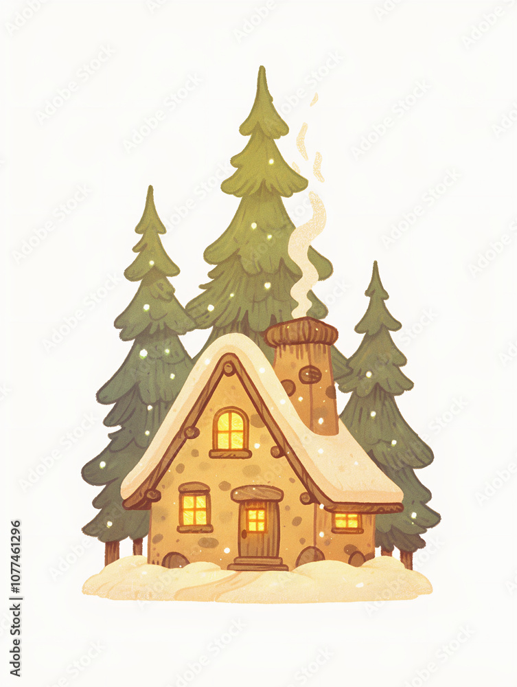 Fototapeta premium Winter cottage house with snow on roof in pine forest. Christmas and holiday concept. Illustration for greeting cards and winter print with copy space. 