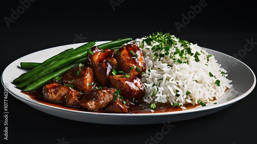 Ultra-realistic, photorealistic 8K image of a plate of Chinese food with rice and meat covered in rich sauce, topped with green beans; hypermaximalist detail