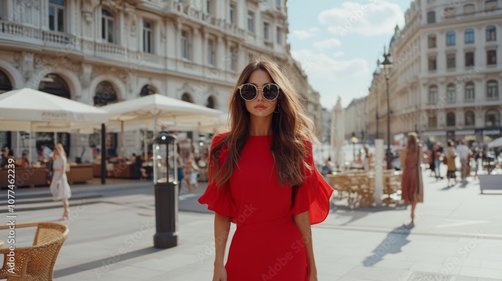 A confident woman in a vibrant red dress strolls through a bustling European square, exuding elegance against a backdrop of historic buildings. A confident woman in a vibrant red dress strolls through a bustling European square, exuding elegance against a backdrop of historic buildings.