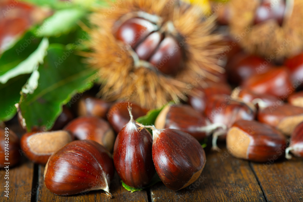 Chestnuts with leaves and burs on a wooden table Chestnuts with leaves and burs on a wooden table