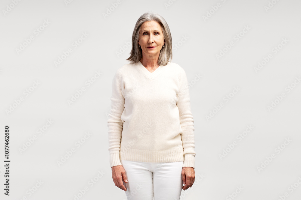 Portrait of serious, pensive senior gray haired woman wearing casual white outfit, looking at camera Portrait of serious, pensive senior gray haired woman wearing casual white outfit, looking at camera