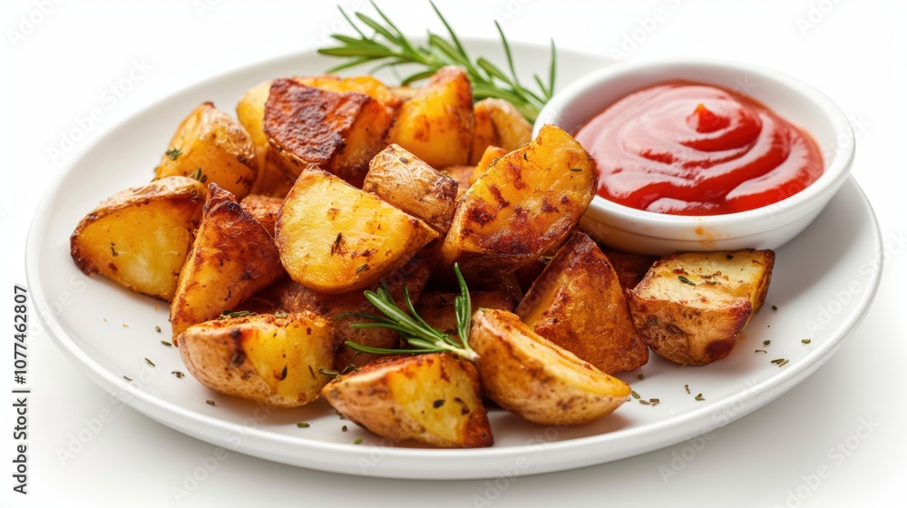 Golden roasted potatoes with herbs and sauce dip. Golden roasted potatoes with herbs and sauce dip.