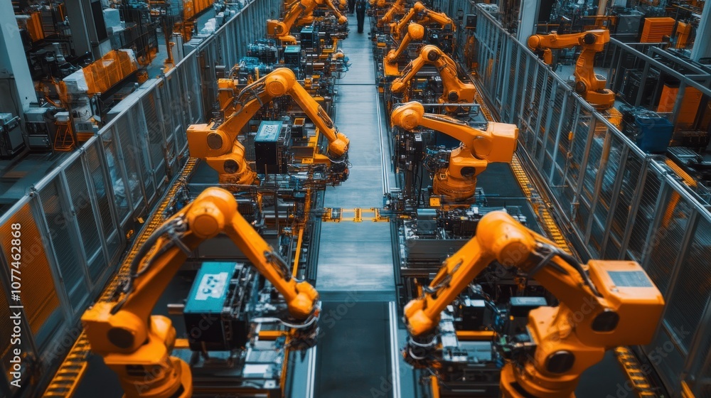 Automated Manufacturing Line with Yellow Robotic Arms Automated Manufacturing Line with Yellow Robotic Arms