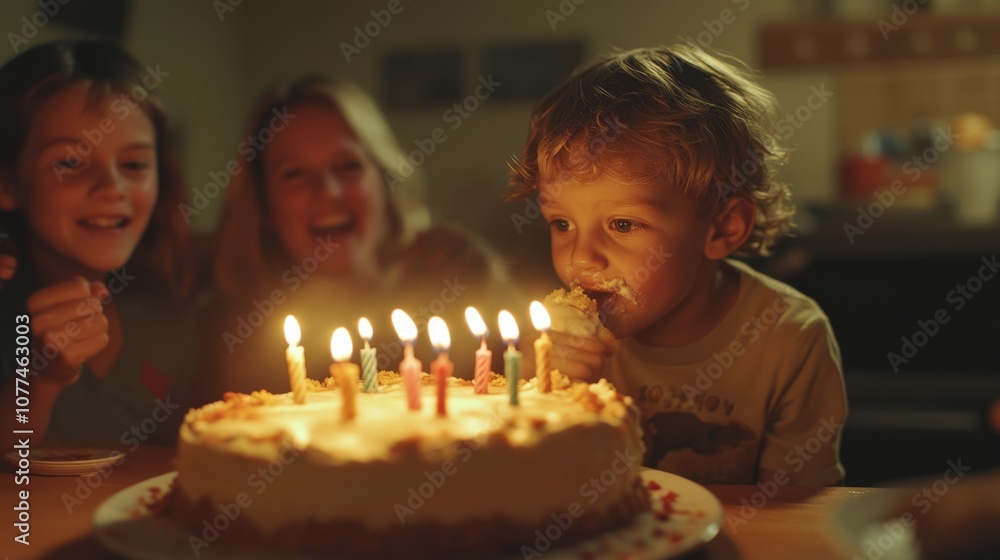 A child eagerly bites into birthday cake, lit by vibrant candles, surrounded by smiling faces, capturing a moment of pure joy and celebration. A child eagerly bites into birthday cake, lit by vibrant candles, surrounded by smiling faces, capturing a moment of pure joy and celebration.