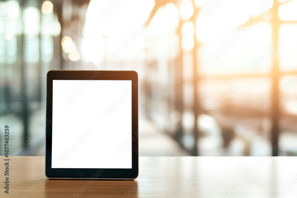 A tablet with a blank screen on a wooden surface with a bright, blurred office background, perfect for showcasing digital content in a professional setting A tablet with a blank screen on a wooden surface with a bright, blurred office background, perfect for showcasing digital content in a professional setting