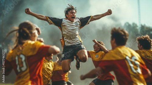 A triumphant soccer player leaps joyfully in the air, surrounded by teammates celebrating victory on a misty field.