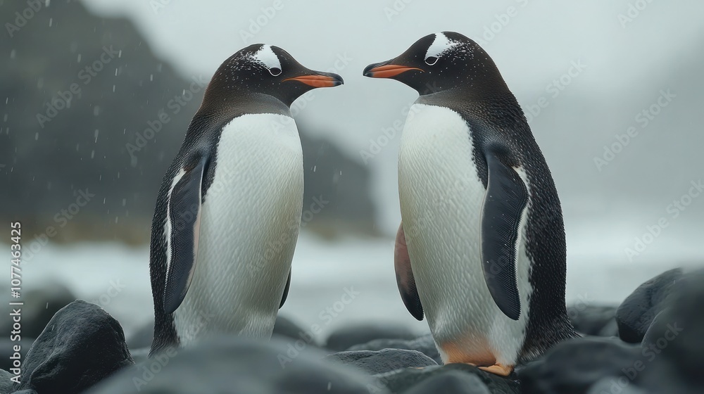 Fototapeta premium Two penguins face each other on a rocky shore, a misty background behind them.