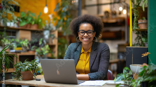 Happy and business woman at laptop in office laughing. Face, smile and professional entrepreneur on desktop