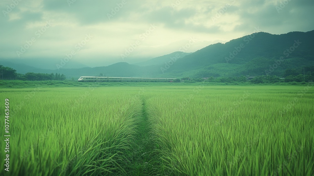 Fototapeta premium A train moves through lush green fields beneath a cloudy sky, offering a serene glimpse of countryside life.