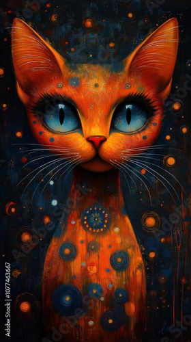 Vibrant orange cat with blue eyes and circular motifs. photo