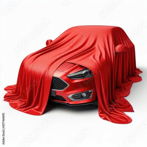 Premium red fabric draping over car isolated on white background