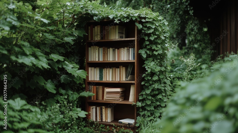 A rustic bookshelf entwined with lush greenery in a serene garden, blending nature with knowledge, inviting exploration of hidden stories. A rustic bookshelf entwined with lush greenery in a serene garden, blending nature with knowledge, inviting exploration of hidden stories.