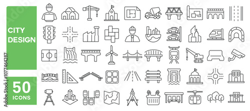 Set of 50 line icons related to city design, building, town, architecture, development, structure, road, construction, road, plaza, Editable stroke. Vector illustration