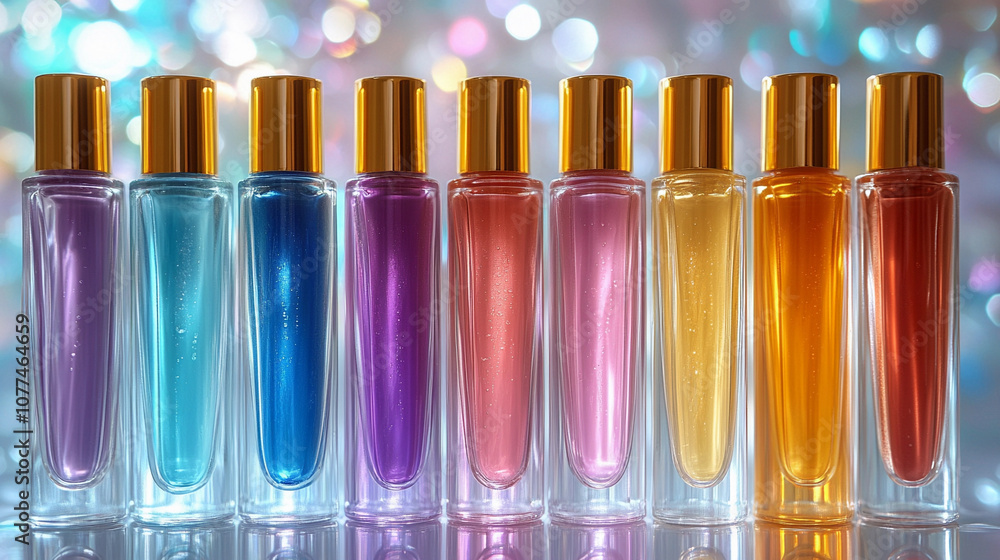 Vibrant display of colorful cosmetic tubes with gold caps Vibrant display of colorful cosmetic tubes with gold caps