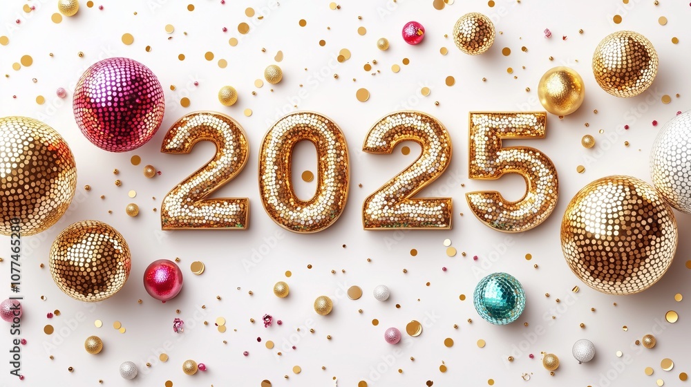 Abstract golden spheres with 2025 text design. Abstract golden spheres with 2025 text design.