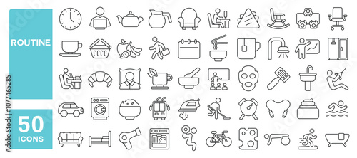 Set of 50 line icons related to routine, morning, wake up, lifestyle, activity, work, sleep, eat, alarm, every day, schedule, Editable stroke. Vector illustration
