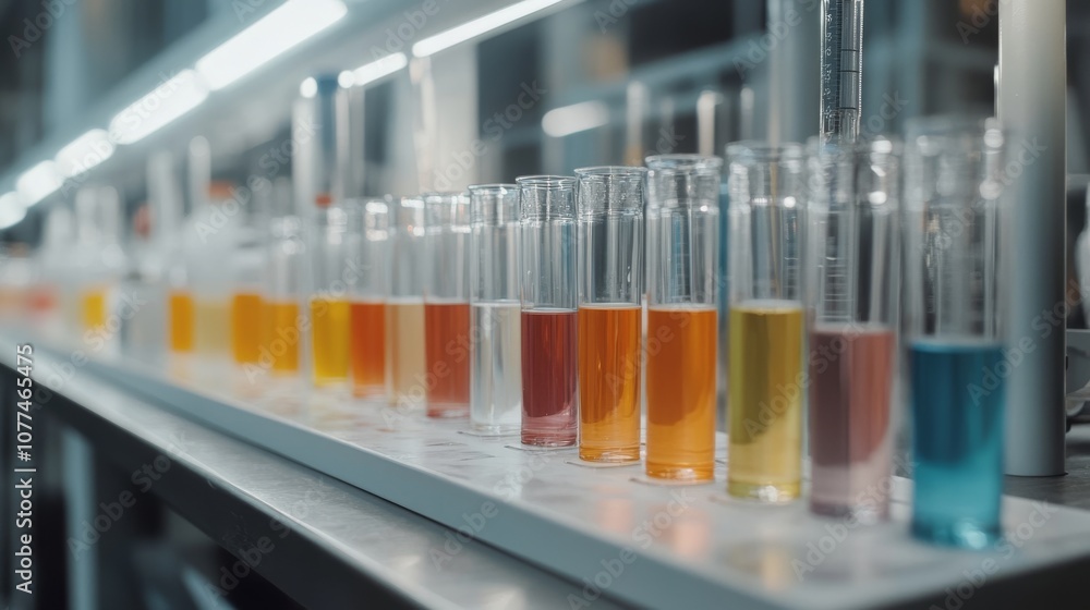 Test tubes filled with varying hues line a lab bench under laboratory lights, emphasizing scientific precision and colorful experimentation. Test tubes filled with varying hues line a lab bench under laboratory lights, emphasizing scientific precision and colorful experimentation.