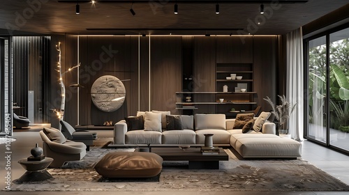 Cozy modern living room with dark wood accents, a plush rug, and mood lighting creating a relaxed environment