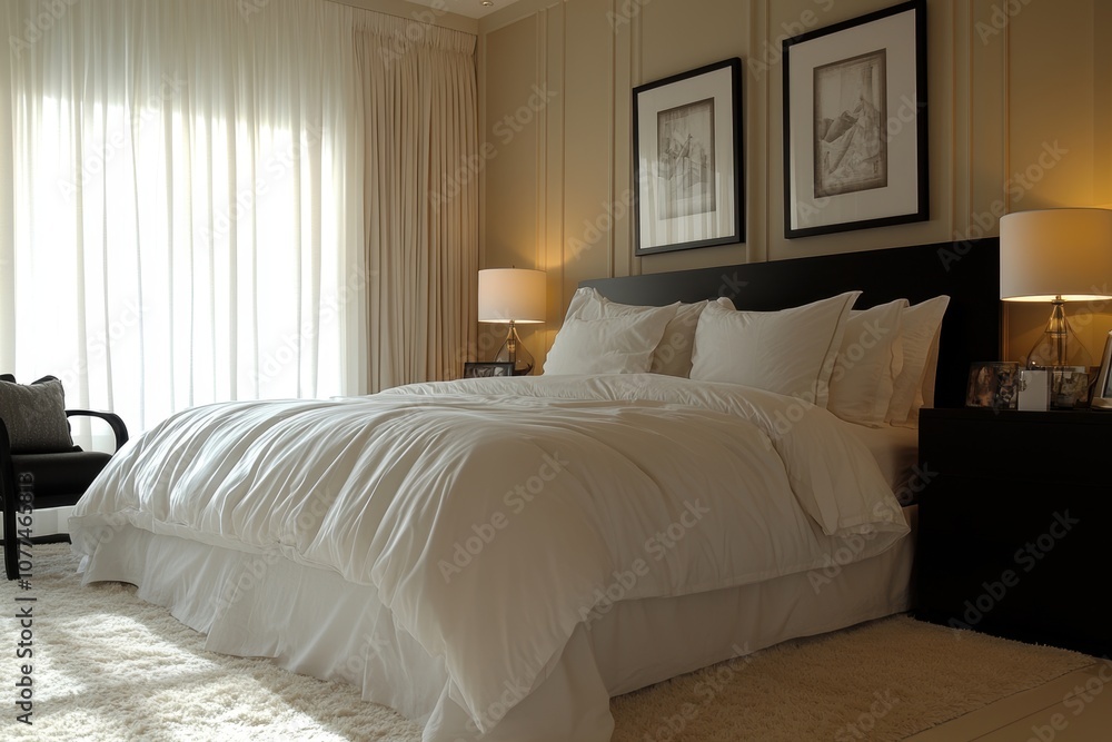 modern monochrome bedroom, elegant monochrome bedroom featuring a luxurious king-size bed with white linens, a stylish black nightstand, and cozy lighting modern monochrome bedroom, elegant monochrome bedroom featuring a luxurious king-size bed with white linens, a stylish black nightstand, and cozy lighting