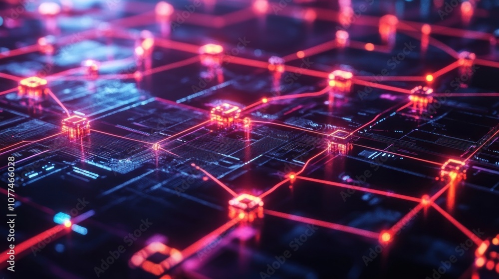 Abstract futuristic network with glowing lines and cubes, representing data transfer and connections. Abstract futuristic network with glowing lines and cubes, representing data transfer and connections.