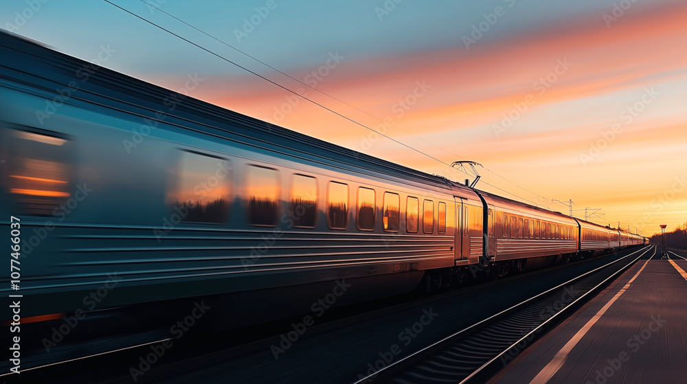 A high-speed train traveling on tracks at sunset with sky reflections in its windows, emphasizing movement and dynamic lighting. A high-speed train traveling on tracks at sunset with sky reflections in its windows, emphasizing movement and dynamic lighting.