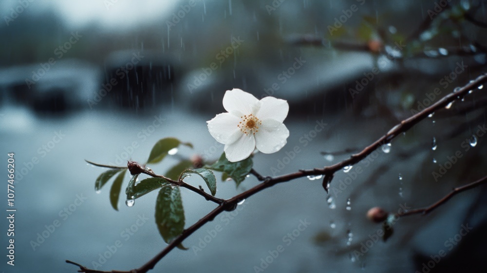 A delicate white flower blooms despite the gentle rain, droplets clinging to its branch, capturing a serene moment of nature’s quiet resilience. A delicate white flower blooms despite the gentle rain, droplets clinging to its branch, capturing a serene moment of nature’s quiet resilience.