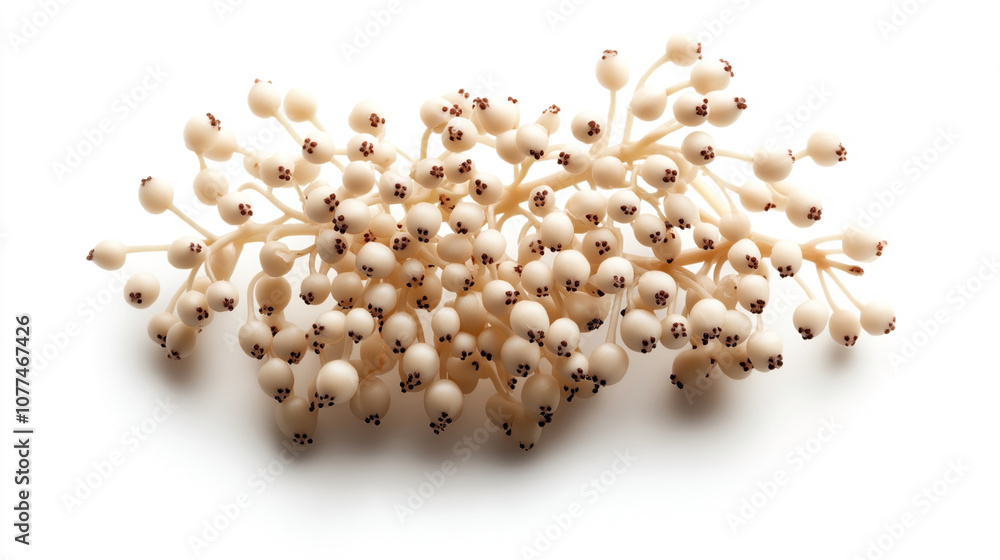Cluster of small white spheres with brown tips resembling organic or abstract floral structure on white background Cluster of small white spheres with brown tips resembling organic or abstract floral structure on white background