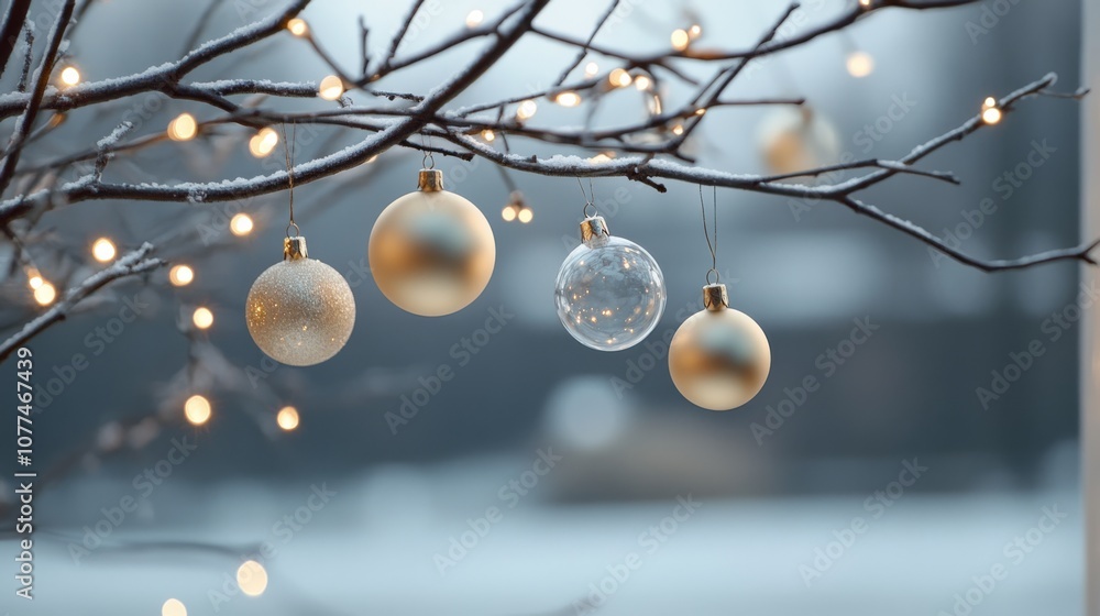 Delicate, frosted baubles hang from a snow-kissed branch, illuminated by twinkling lights, capturing the essence of winter festivity. Delicate, frosted baubles hang from a snow-kissed branch, illuminated by twinkling lights, capturing the essence of winter festivity.