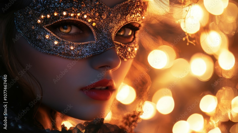 A woman wears a sparkly masquerade mask and stares at the camera. Warm, out-of-focus lights are behind her. A woman wears a sparkly masquerade mask and stares at the camera. Warm, out-of-focus lights are behind her.