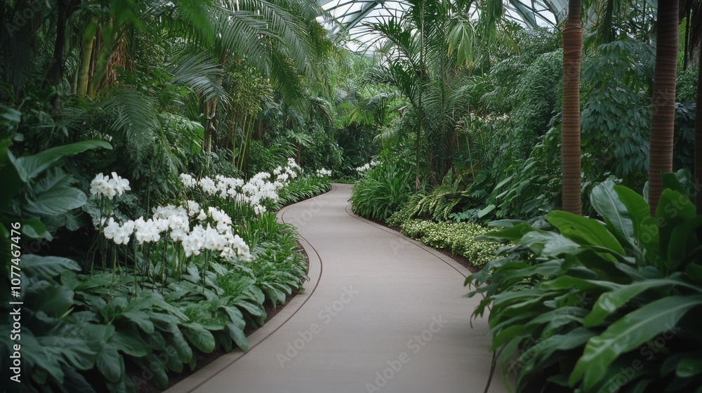 A winding path adorned with white flowers meanders through a lush conservatory, offering a serene escape into verdant beauty. A winding path adorned with white flowers meanders through a lush conservatory, offering a serene escape into verdant beauty.