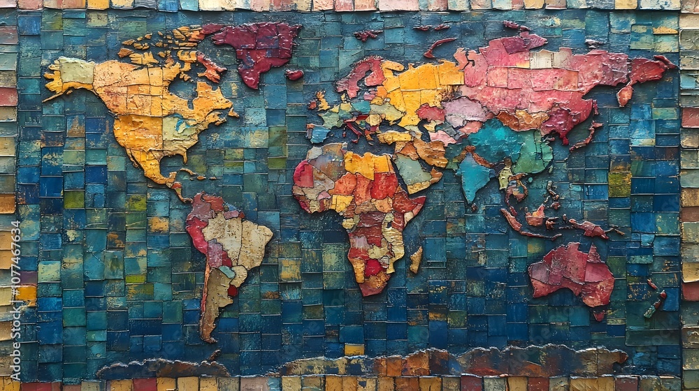 Naklejka premium A colorful, artistic map of the world made from textured materials.