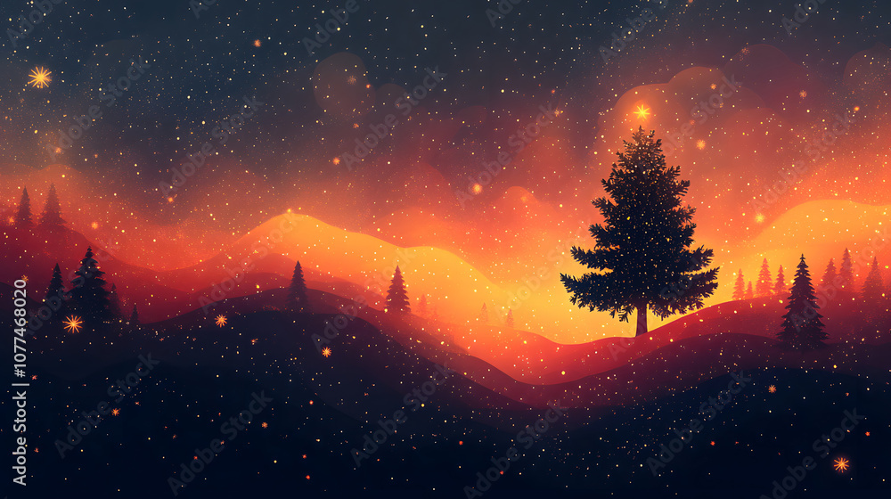 Festive Christmas scene with glittering golden stars and evergreen trees Festive Christmas scene with glittering golden stars and evergreen trees