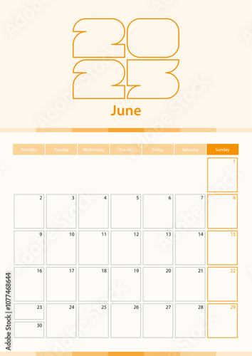Modern vector vertical calendar sheet for June 2025, planner in English. 