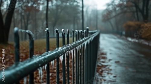 Icy bars glisten under a grey sky, forming a chilly barricade along an empty, misty park path on a cold winter day. photo