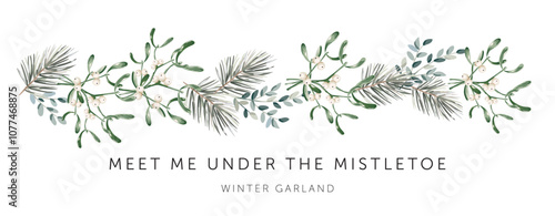 Christmas garland, text, white background. Mistletoe, green pine twigs. Winter nature design. Vector illustration. Greeting banner template. Xmas forest