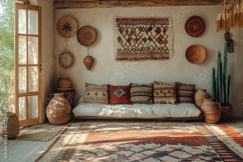 southwestern home decor, a warm living room displays southwestern elements like a woven rug, adobe wall hangings, and distinct pottery, set against a sunny backdrop