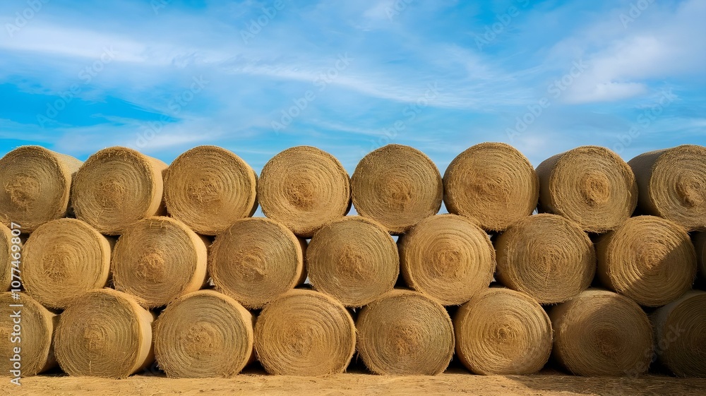 Stacked Hay Bales Against a Bright Blue Sky: A Rustic Farm Scene Capturing the Essence of Agricultural Life and Harvest Seasons Stacked Hay Bales Against a Bright Blue Sky: A Rustic Farm Scene Capturing the Essence of Agricultural Life and Harvest Seasons