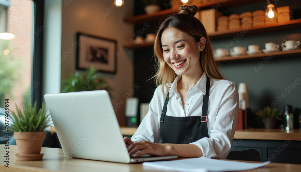 Happy Cafe Worker Using Laptop Happy Cafe Worker Using Laptop