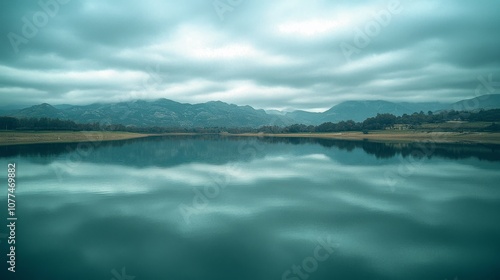 A serene lake reflects the cloudy sky, creating a mirror-like surface that blends seamlessly with distant mountains in a tranquil, mystical landscape.