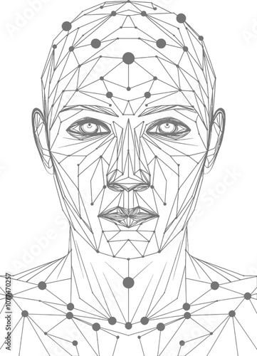 Abstract AI Human Face with Interconnected Lines and Nodes – Minimalist White and Gray Tech Illustration