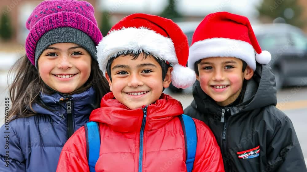 A group of delighted children smiles brightly while wearing festive holiday hats in a wintery outdoor setting, enjoying the spirit of the season together A group of delighted children smiles brightly while wearing festive holiday hats in a wintery outdoor setting, enjoying the spirit of the season together