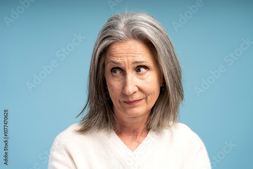 Portrait of pensive serious senior woman looking away, closeup, standing isolated on blue background