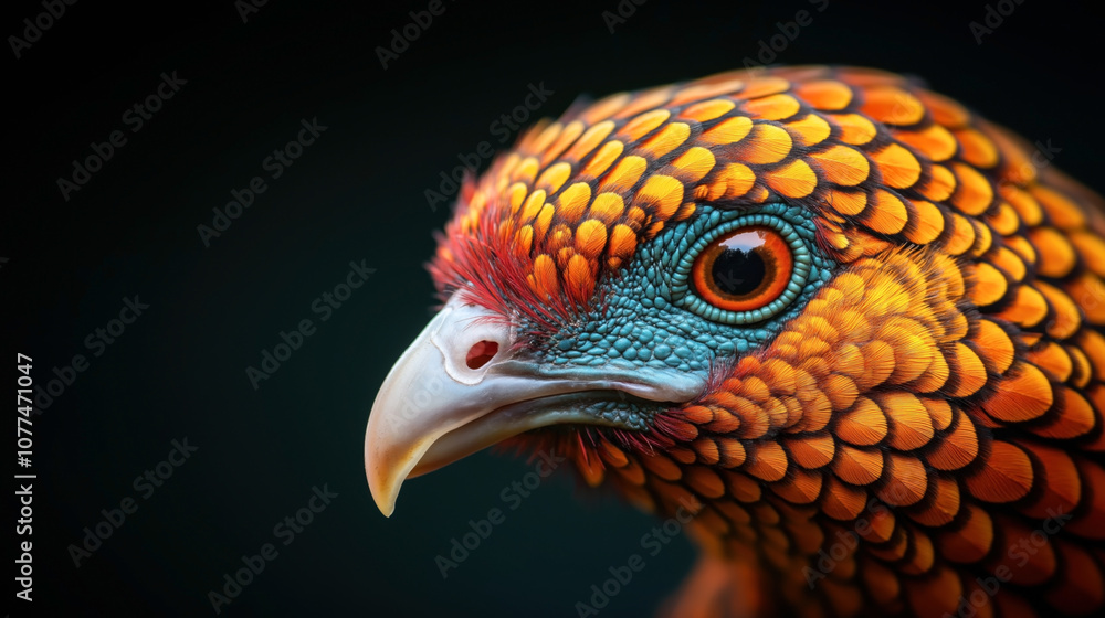 Close-up of a vibrant bird with orange and blue plumage, featuring intricate feather details and intense eye focus against a dark background. Close-up of a vibrant bird with orange and blue plumage, featuring intricate feather details and intense eye focus against a dark background.