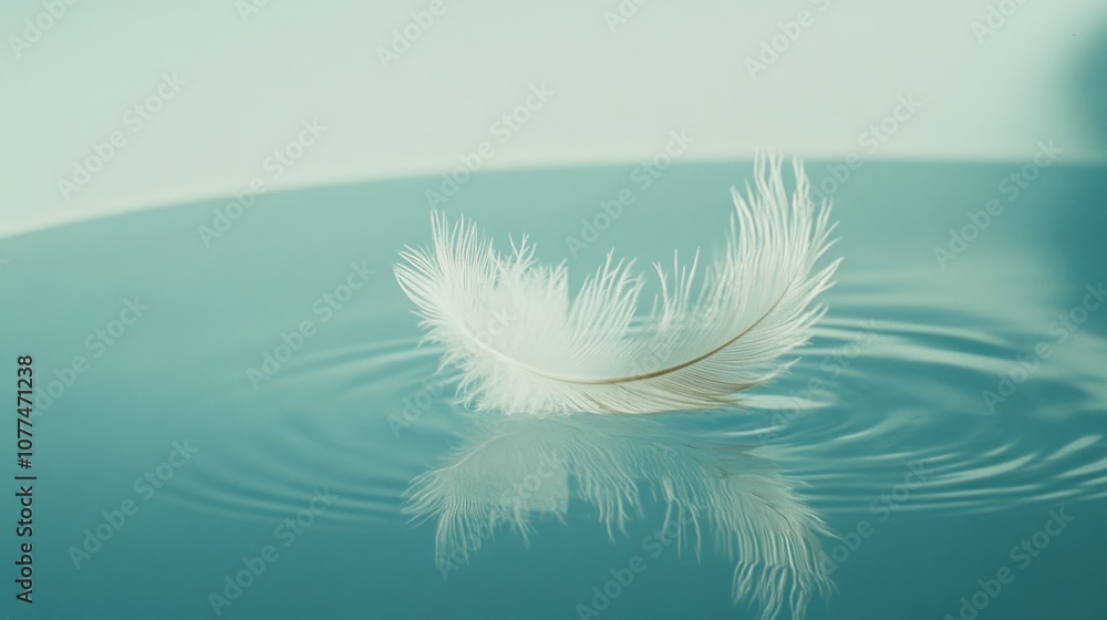 A delicate white feather floats gently on calm water, creating ripples that symbolize tranquility, grace, and ephemeral beauty.
