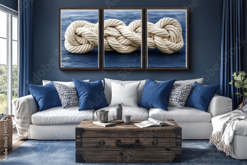 maritime wall decor, nautical rope and knot designs on wall art prints bring coastal elegance to the decor, enhancing its aesthetic photo