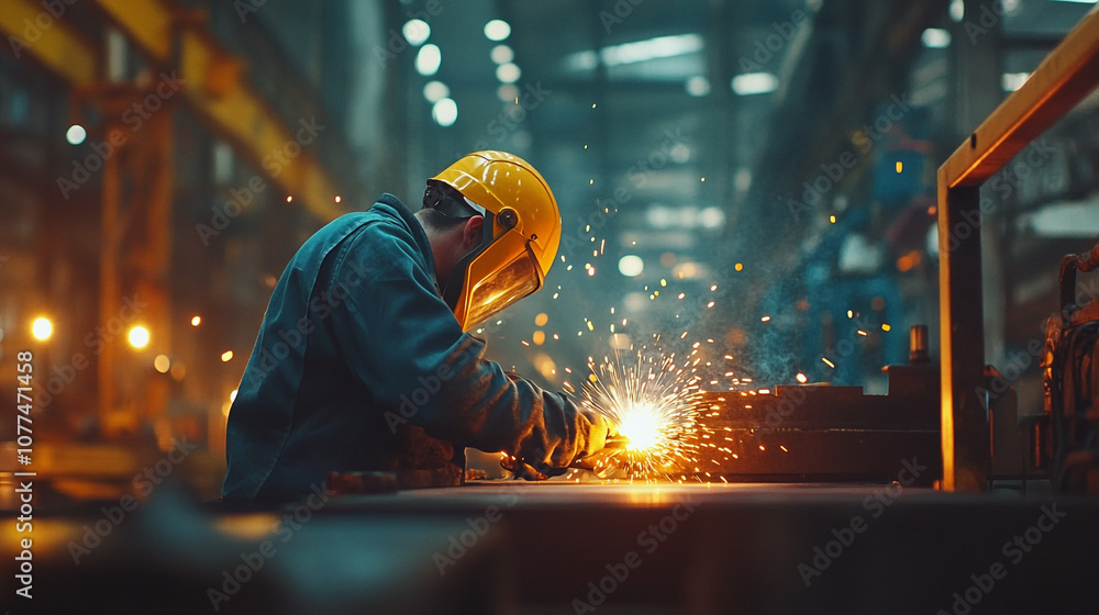 Industrial Worker Welding Metal with Sparks in Factory Industrial Worker Welding Metal with Sparks in Factory