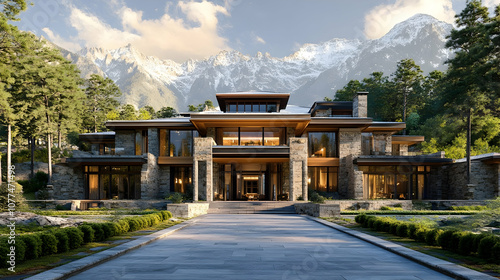 Lake Tahoe mountain lodge with Sierra Nevada views and ski access, contemporary alpine estate with stone facade