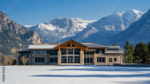 Lake Tahoe mountain lodge with Sierra Nevada views and ski access, contemporary alpine estate with stone facade